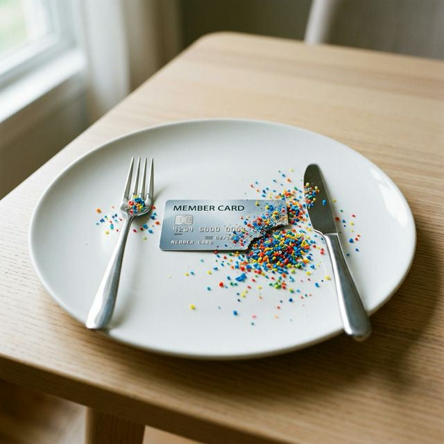 Un card de credit pe o farfurie care se descompune în microplastice, simbolizând consumul săptămânal de plastic.